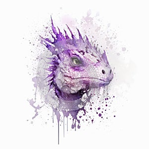 Watercolor painting of a violet dragon with paint splatters.