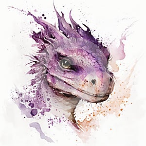 Watercolor painting of a violet dragon with paint splatters.