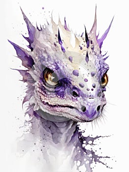 Watercolor painting of a violet dragon with paint splatters.