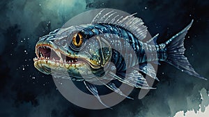 Watercolor painting: A viperfish luring prey with its bioluminescent photophore, its needle-like teeth and sinister appearance is photo
