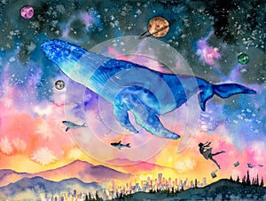 Watercolor Painting - Whale diving into fantasy space