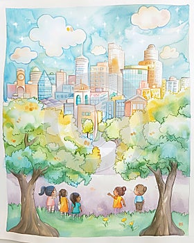 Watercolor painting of a whimsical cityscape with children playing under trees in a colorful urban park