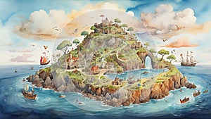 Watercolor painting: A whimsical, illustrated map of a fictional island, complete with imaginative landmarks,