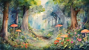 Watercolor painting: A whimsical, storybook illustration of a magical forest glade, inhabited by fairies,