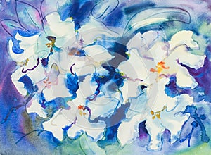 Watercolor painting white flowers color of orchid flower and green leaves photo