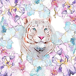 Watercolor painting of a white tiger in flowers