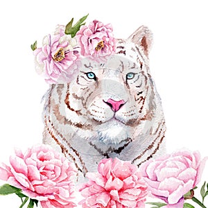 Watercolor painting of a white tiger in flowers