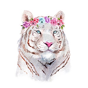 Watercolor painting of a white tiger in flowers