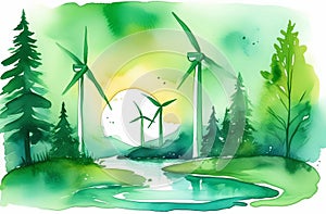 Watercolor painting of wind turbines in a forest biome