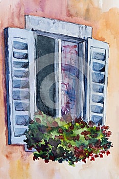 Watercolor painting of a window with red flowers