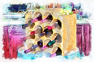 Watercolor painting - wine bottles. Modern digital art, imitation of hand painted with aquarells dye
