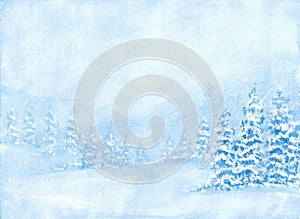 Watercolor painting of winter concept. Heavy snowfall, Natural Christmas tree background. Winter landscape.