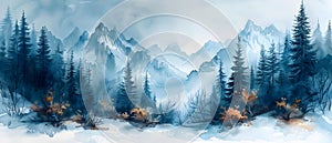 Watercolor painting of winter forest with pine fir birch trees and evergreen leaves. Concept Winter