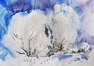 Watercolor painting winter landscape with snow trees
