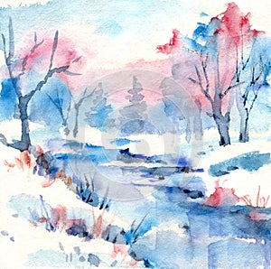 Watercolor painting: Winter rural landscape with frozen river. Christmas illustration.