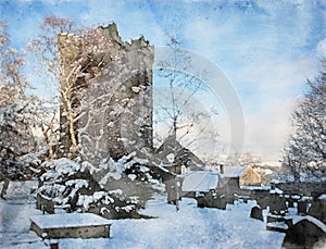 Watercolor painting of a winter scene with a medieval ruined church covered in snow with surrounding graveyard trees and houses
