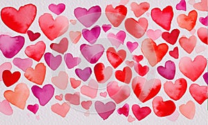 Watercolor painting withpink red pastel hearts on a white background.