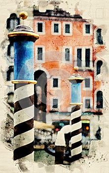 Watercolor painting of wooden striped gondola mooring poles on the Grand Canal in Venice, Italy