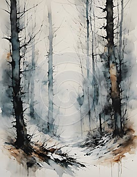 watercolor painting of woodland trees on snow covered ground in winter