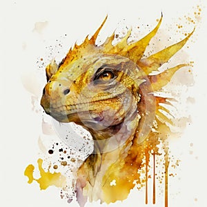 Watercolor painting of a yellow dragon with paint splatters.