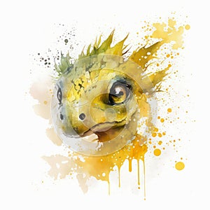 Watercolor painting of a yellow dragon with paint splatters.