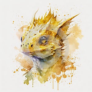Watercolor painting of a yellow dragon with paint splatters.