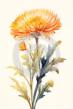 a watercolor painting of a yellow flower.Gouache Painting Thistle Marigold, Perfect for Wall Art.