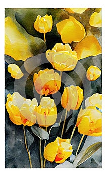 watercolor painting of yellow tulips flowers