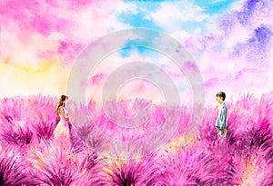 Watercolor Painting - Young Couple staring at each other in lavender field