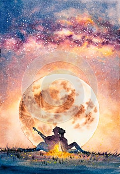 Watercolor Painting - Young man delivers his affection to a fantastic one guitar under moon night