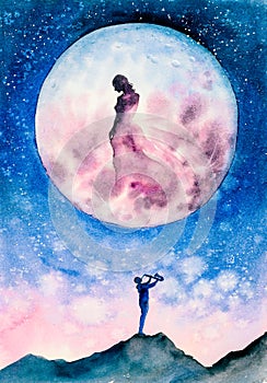 Watercolor Painting - Young musician delivers his affection to a fantastic goddess photo