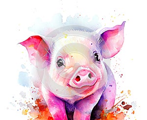 watercolor painting of a young piglet that exudes innocence and charm. The piglet has a soft pink body, with splashes. Its eyes