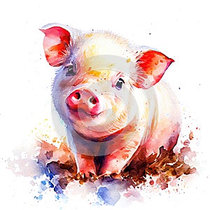 watercolor painting of a young piglet that exudes innocence and charm. The piglet has a soft pink body, with splashes. Its eyes