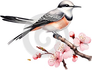 Watercolor paintings of colorful Scissor-tailed flycatcher birds. Ai-Generated.