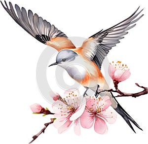 Watercolor paintings of colorful Scissor-tailed flycatcher birds. Ai-Generated.