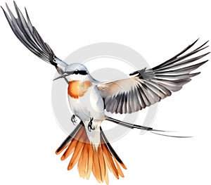 Watercolor paintings of colorful Scissor-tailed flycatcher birds. Ai-Generated.