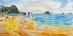 Watercolor paintings. Panorama of seascape boat sail on sea