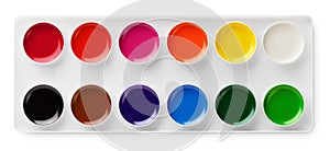 Watercolor paints in box isolated on white