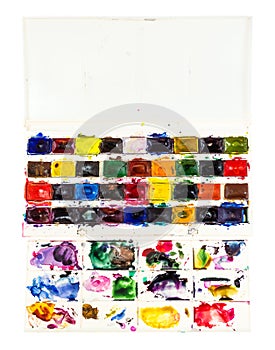 watercolor paints in box with pallet isolated