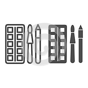 Watercolor paints with brush and pencil line and solid icon, stationery concept, painting tools sign on white background