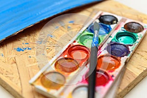 Watercolor paints and paper closeup for drawing, artistic creation at home, workspace for make creative artwork