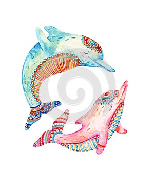 Watercolor pair of lovely dolphins isolated on white background.