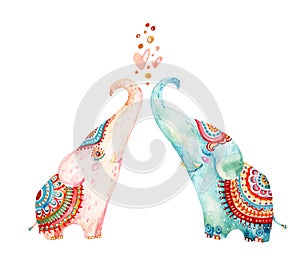 Watercolor pair of lovely elephants isolated on white background. photo