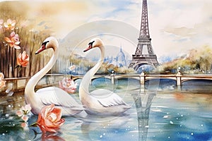 A watercolor pair of white swans swims in the river against the backdrop of the Eiffel Tower. Generative ai