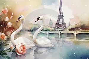 A watercolor pair of white swans swims in the river against the backdrop of the Eiffel Tower. Generative ai