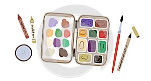 Watercolor palette, oil pastel pencils, pigment liner, brush composition. Watercolour paints pallette. Water color case