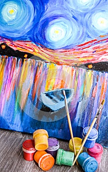 Watercolor Pallet, Oil Paints, Brushes Set and Wooden Color Pencils for Painting in the style of Van Gogh