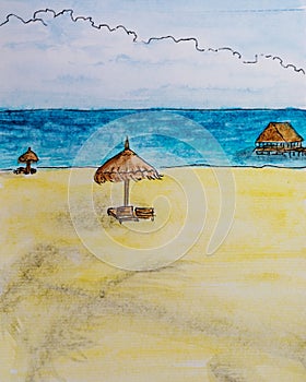 Watercolor Palm Beach with wooden chairs and straw umbrellas is a picturesque island. beach and straw umbrella in sunny afternoon.