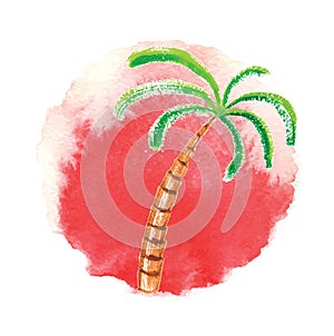 Watercolor palm tree against the sun. Vector logo.