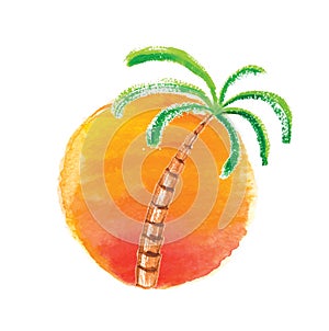 Watercolor palm tree against the sun. Vector logo.